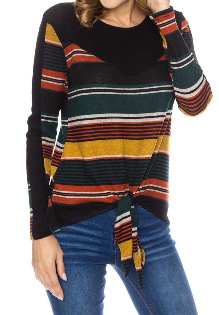 Hunter green multi stripe front tie top