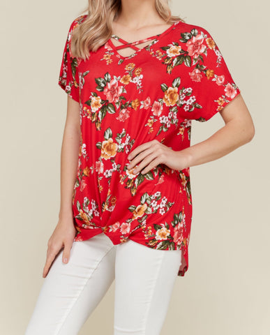Red floral short sleeve top with twisted hem & crisscross detail
