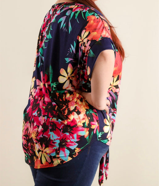 Plus navy floral tie hem top
