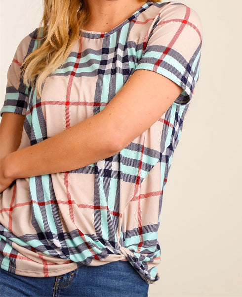 Pink/navy/teal plaid knotted hem top