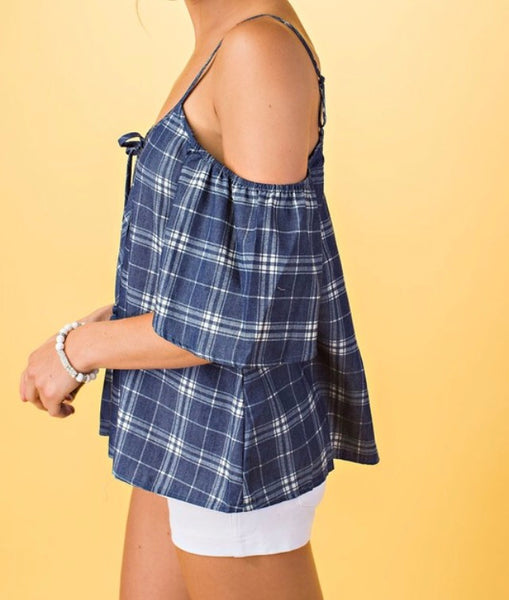 Denim plaid open shoulder top