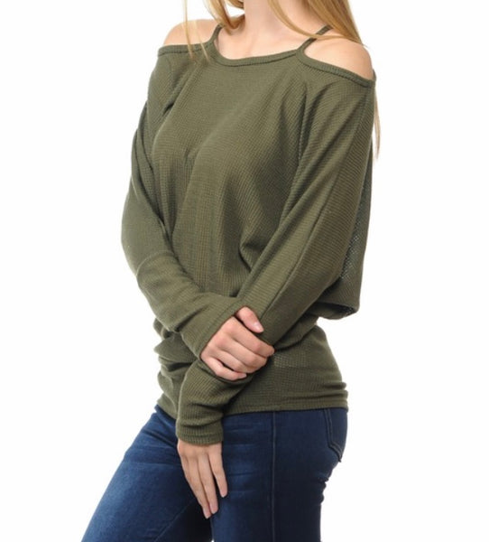 Olive thermal knit cold shoulder top