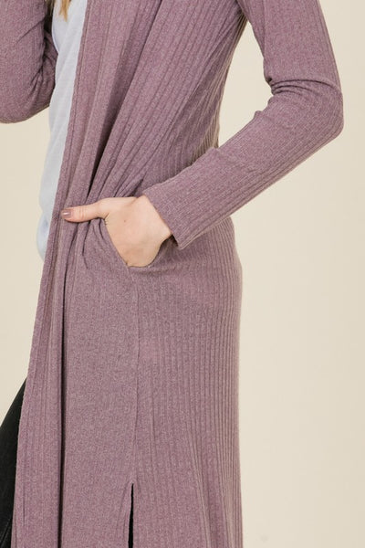 Long ribbed duster cardigan in mauve