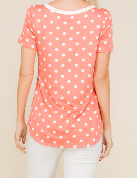 Coral polka dot crisscross detail top