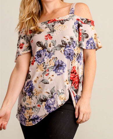 Taupe floral open shoulder top