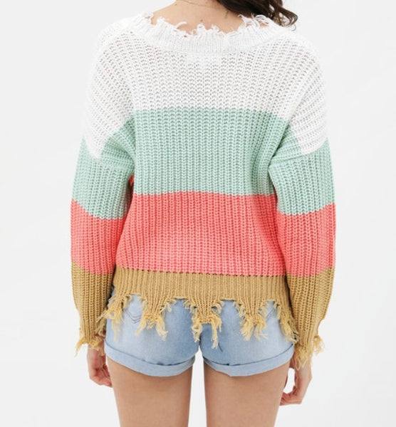 Sherbet striped frayed hem sweater