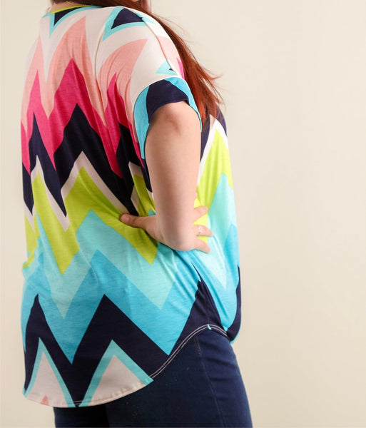 Plus navy and multi chevron print, front tie hem top