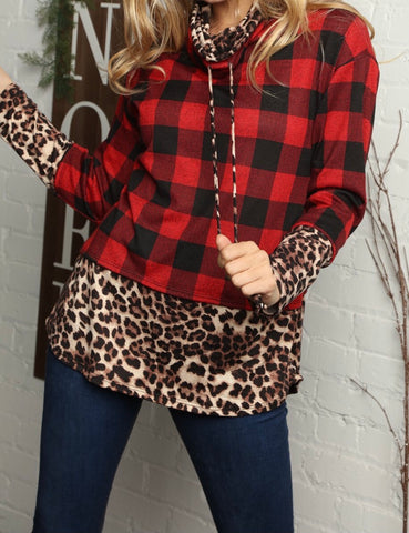 Red Buffalo plaid & animal print cowl neck top