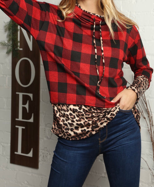 Red Buffalo plaid & animal print cowl neck top