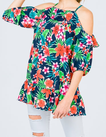 Open shoulder navy floral print top