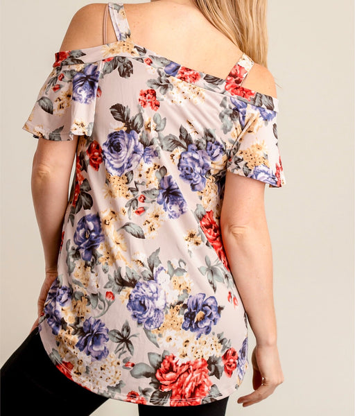 Taupe floral open shoulder top