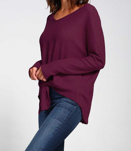 Plum waffle knit v-neck front tie top