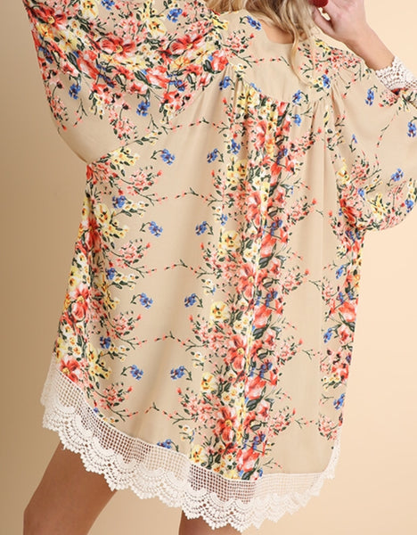 Kimono taupe flower bomb with lace trim