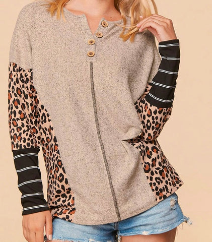 Oatmeal dolman top with print sleeves