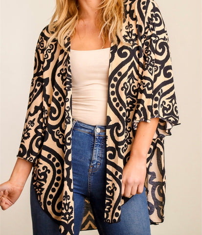 Taupe and black damask print kimono