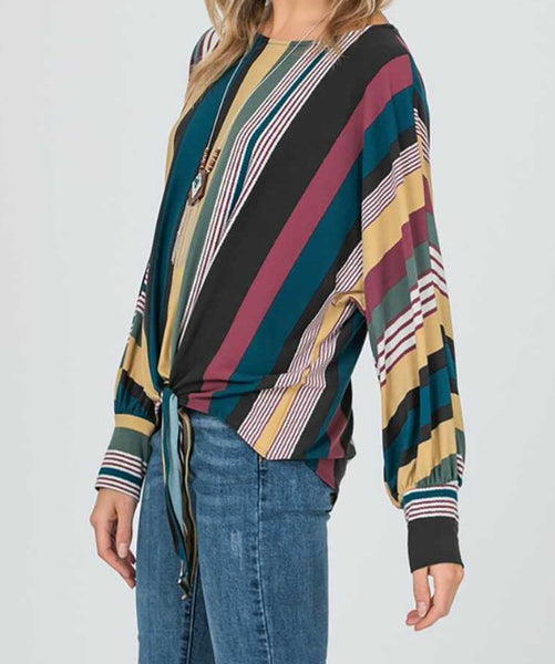 Multi striped dolman top with side tie