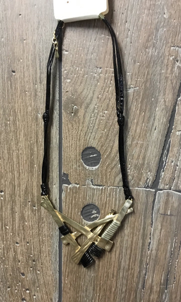 Necklace leather cord crisscrossed bar