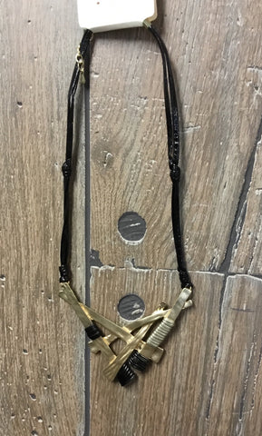 Necklace leather cord crisscrossed bar