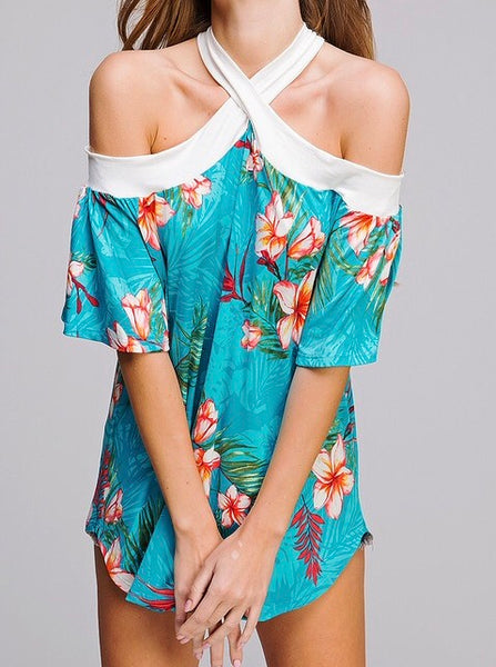 Tropical floral print open shoulder top with overlapped neck band