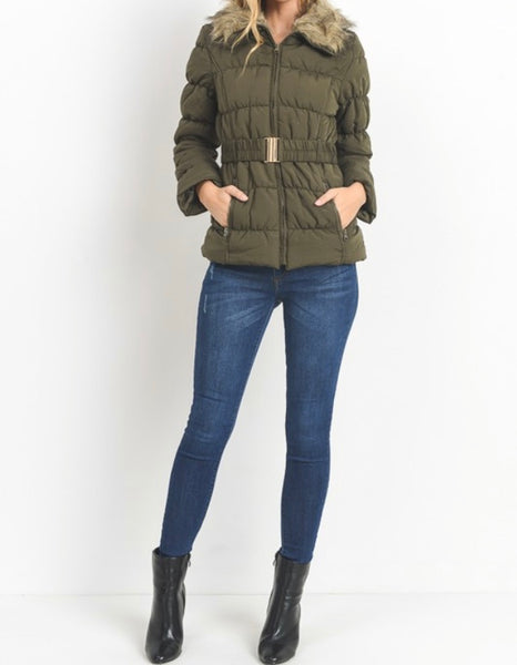Olive fur trimmed parka