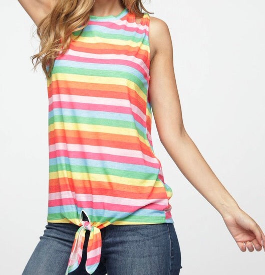 Rainbow print sleeveless top with shoulder cutout and front tie