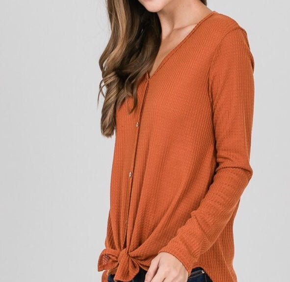 Pumpkin spice front tie button down waffle knit top