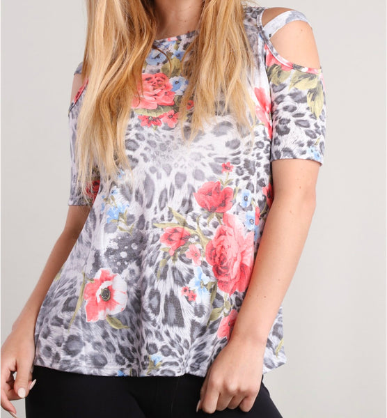 Grey animal print floral cold shoulder top
