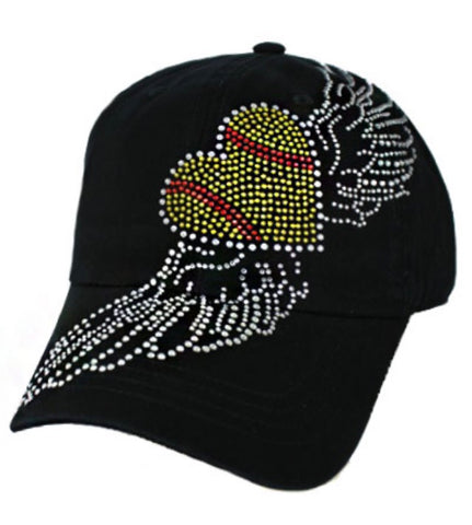 Black winged softball rhinestone hat