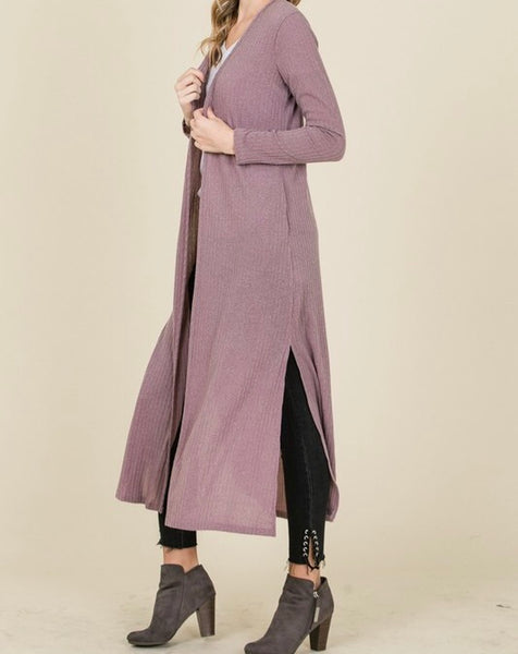 Long ribbed duster cardigan in mauve