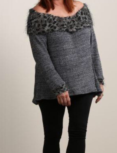 Gray sweater leopard neckline