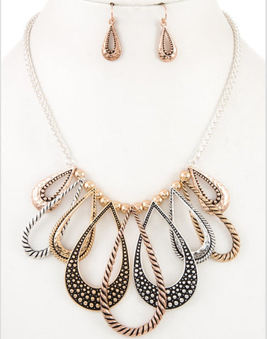 Necklace tri-tone twist teardrop dangle set