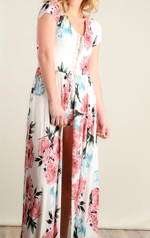 Ivory floral maxi dress with shorts