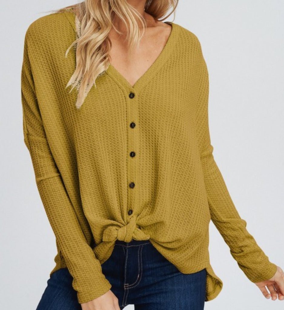 Mustard button down waffle knit top