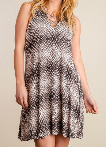 Black and ivory print panel sleeveless dress