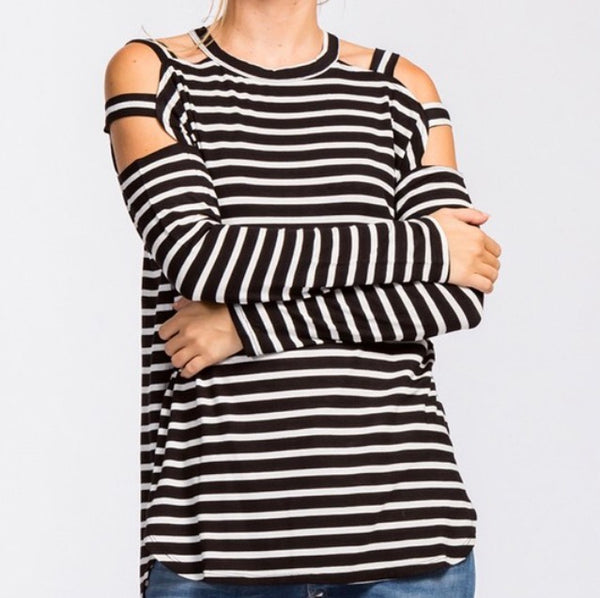 Black/white striped cutout sleeve top