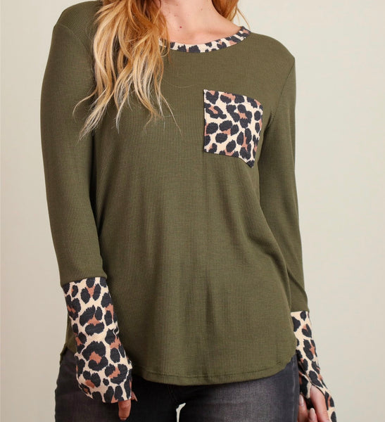 Olive animal print pocket thermal top