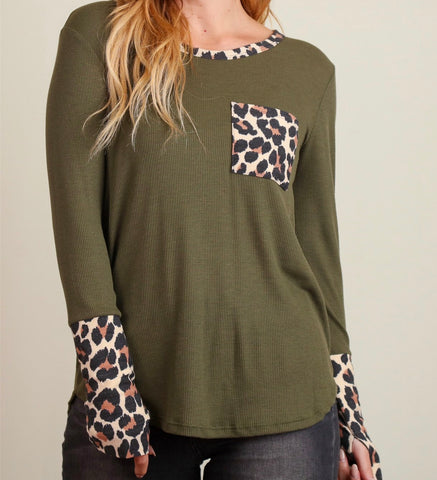 Olive animal print pocket thermal top