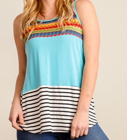 Teal and multi color block tank top