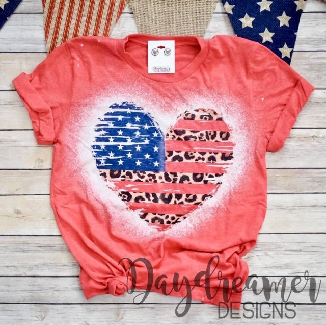 Red American heart bleached tee