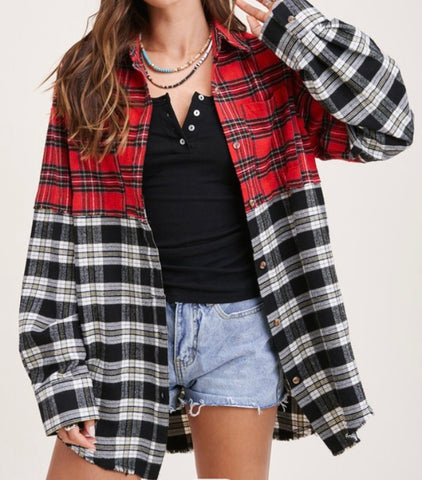 Red/black two-tone plaid button down top