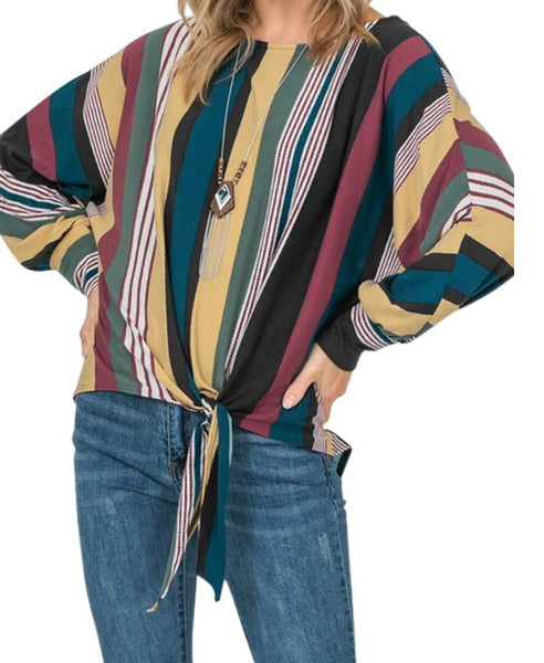 Multi striped dolman top with side tie