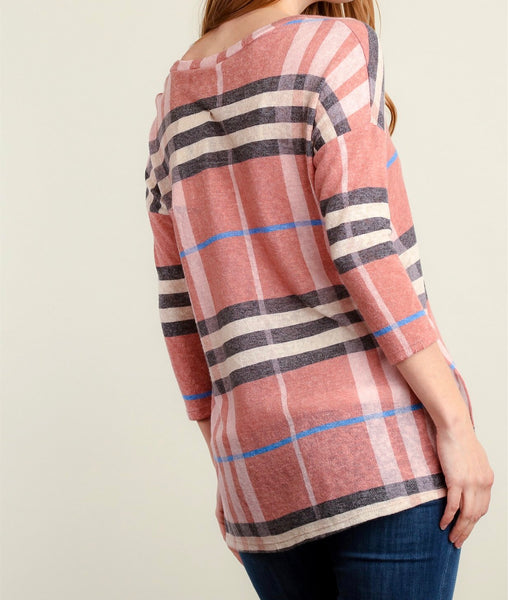 Pink plaid 3/4 sleeve top