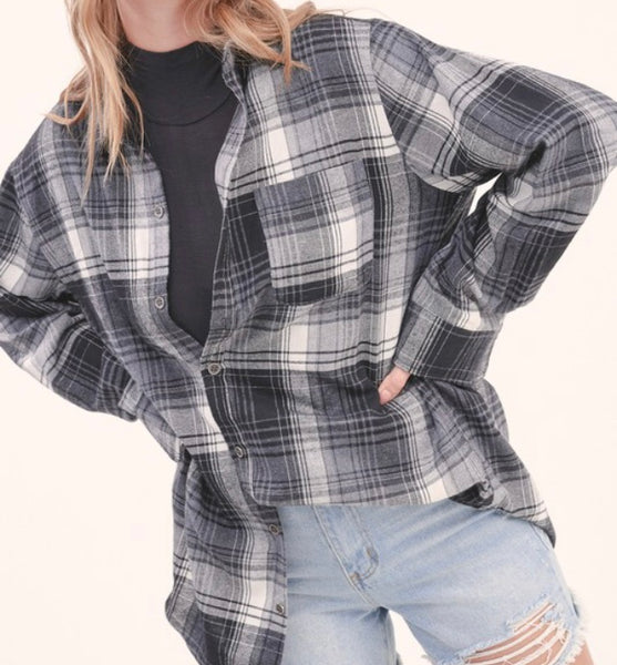 Smoke grey/black plaid flannel top