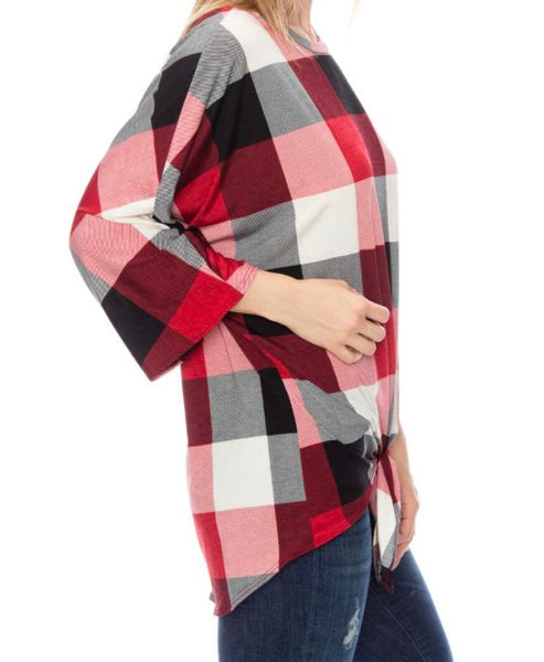Plus red checkered front tie dolman 3/4 sleeve top