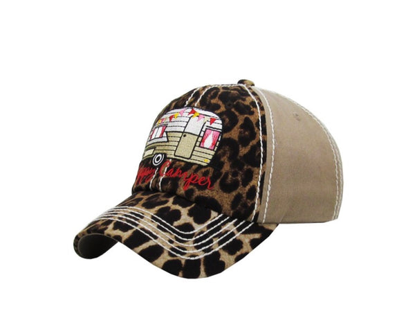Hat vintage “Happy Camper”  leopard front