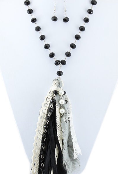 Fabric and pearl tassel necklace