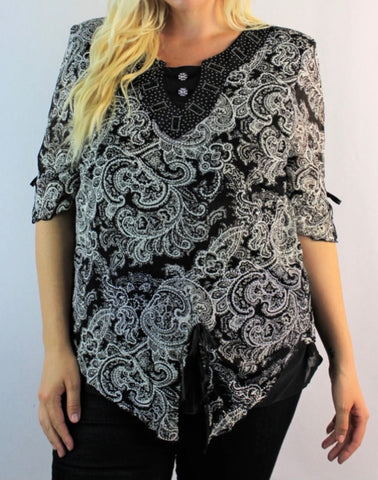 Plus black/white jewel embellished top