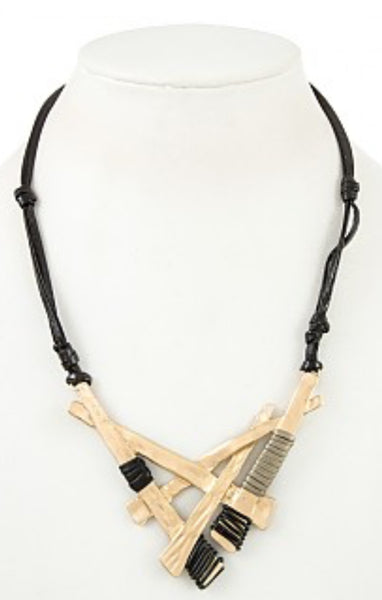 Necklace leather cord crisscrossed bar