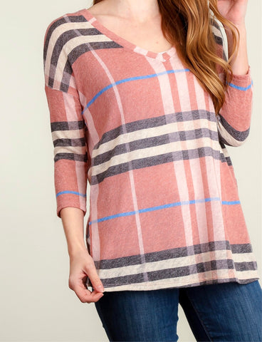 Pink plaid 3/4 sleeve top