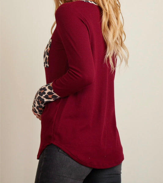 Burgundy animal print pocket thermal top
